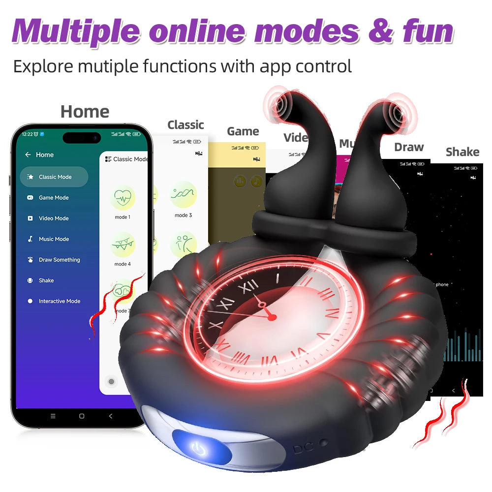 APP Bluetooth Controlled Cock Ring Vibrator Women's G-Spot Clitoral Stimulation Sex Toy Men's Penis Ring Adult Men's Couple Toy