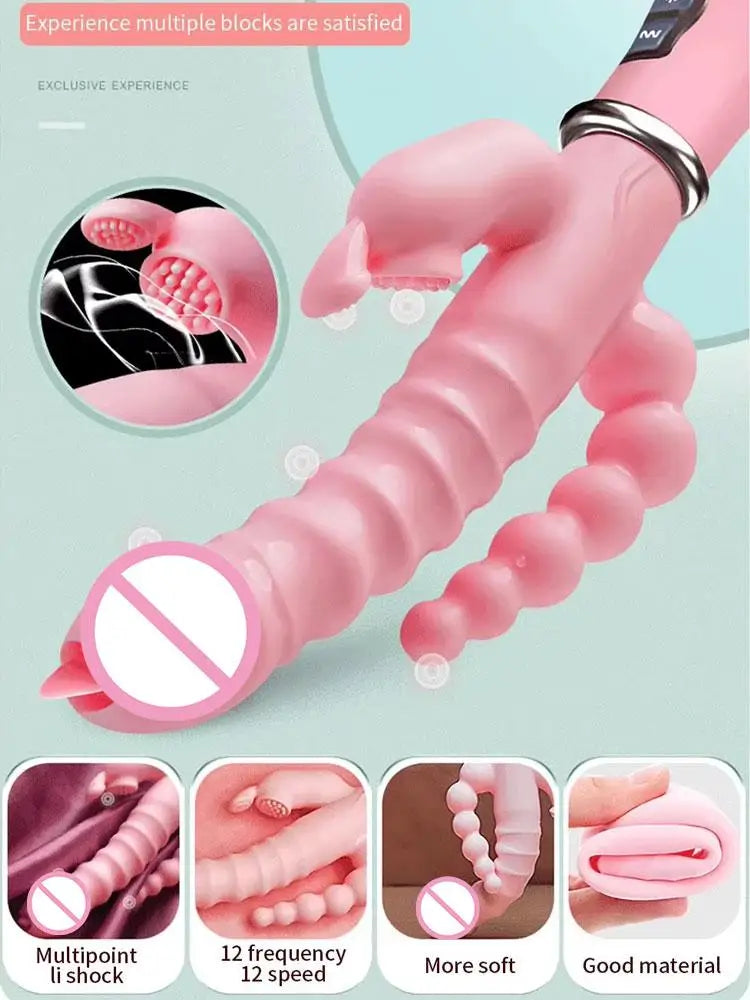 Rabbit Vibrator G Spot Dildo Vibrator Clitoris Stimulator Penis Anal Double Penetration Tongue Licking Double Rod Sex Toys